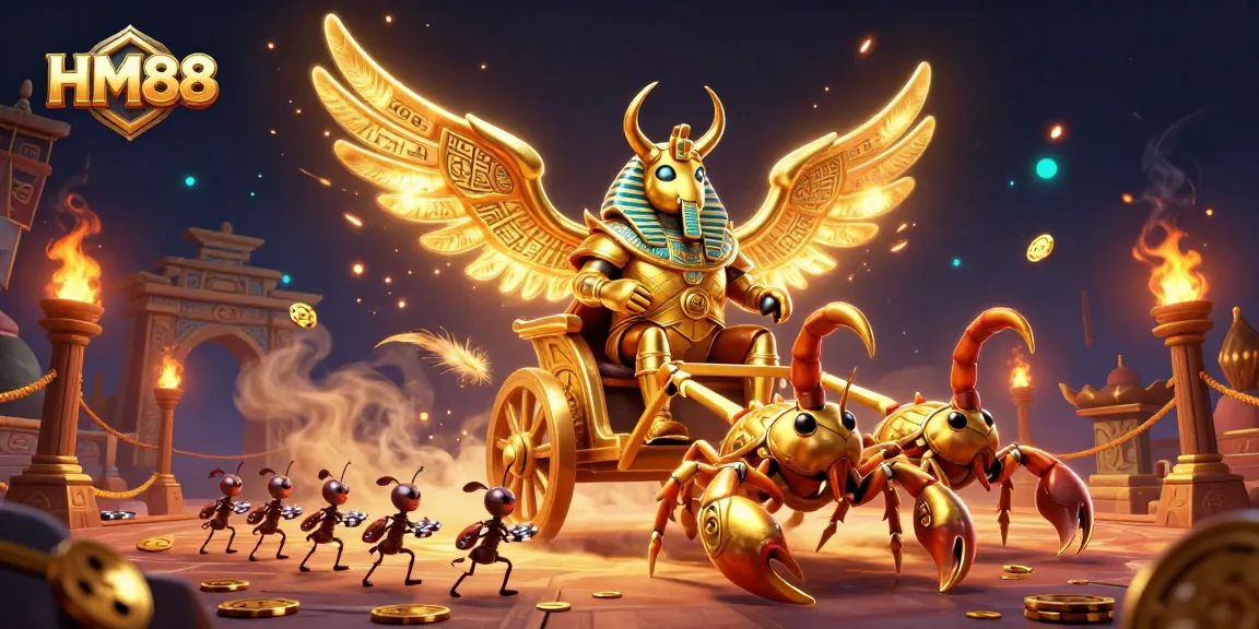 Engage in exciting gameplay at HM88, featuring dynamic elements like a golden scarab beetle and poker chips.