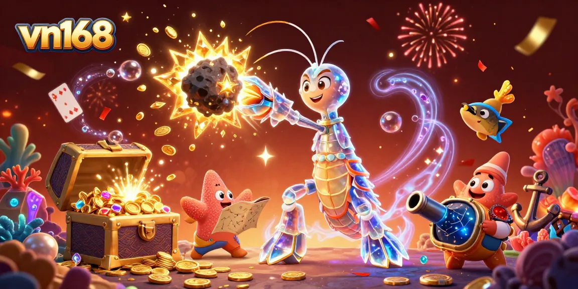 Play thrilling games at vn168 with an exciting scene of treasures and vibrant gaming elements.
