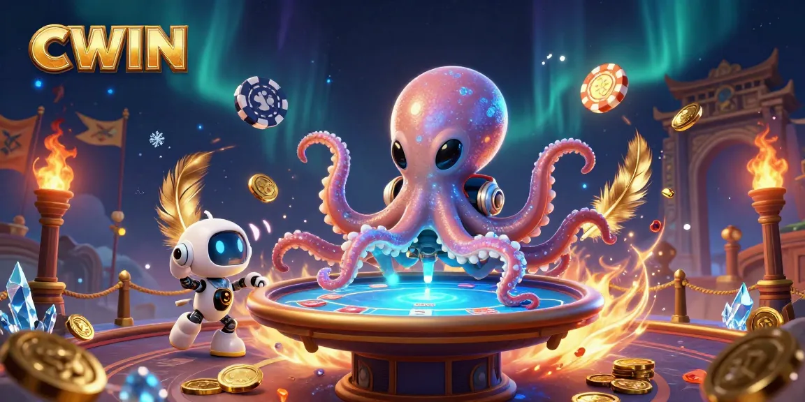 CWIN's thrilling gameplay comes alive with an alien octopus at a holographic poker table, set in a vibrant cosmic scene.