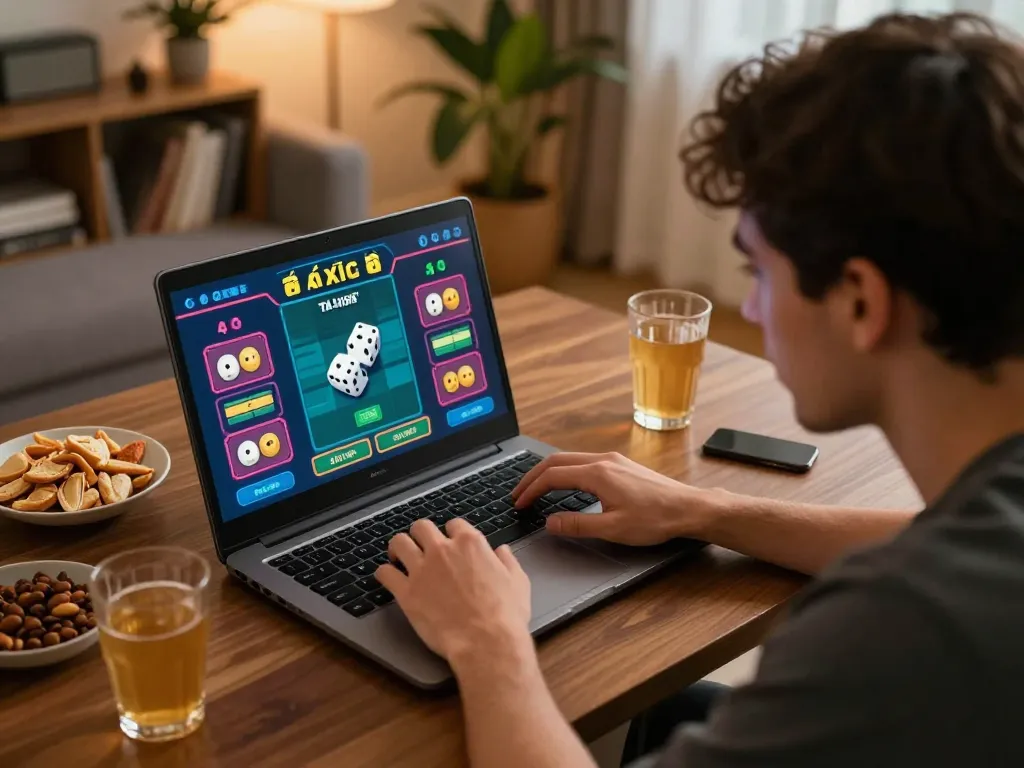 Tài xỉu online gameplay session with dice outcomes displayed on laptop, engaging player at home.