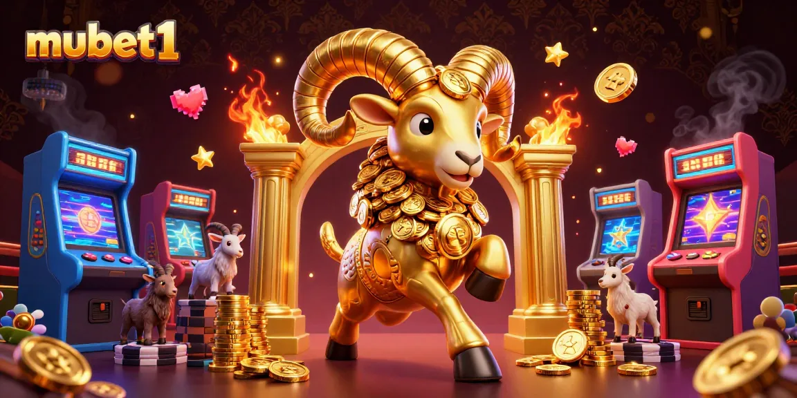 Mubet1 offers thrilling casino experiences with a golden ram charging through colorful gaming elements.