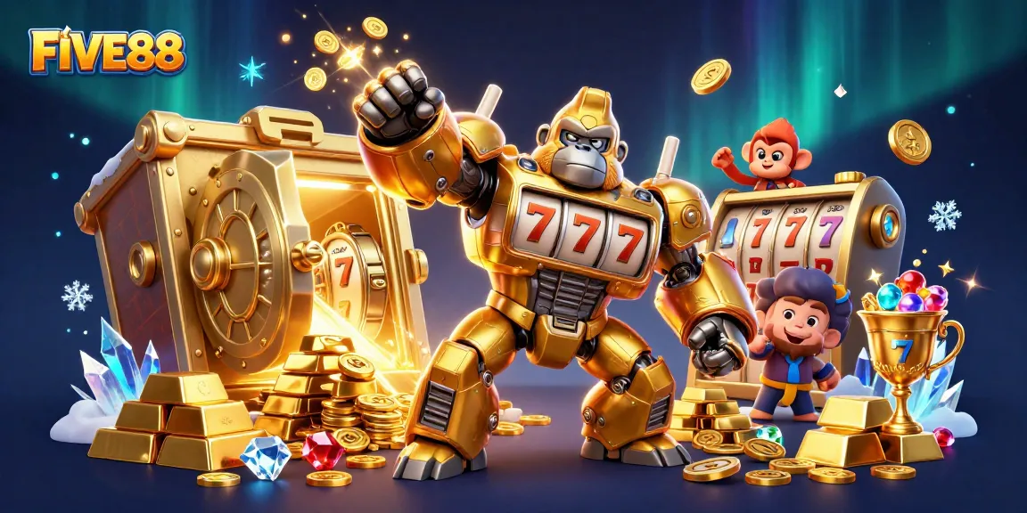 Engage with FIVE88 in this ultra-detailed illustration featuring a golden gorilla mech amid jackpot symbols and treasures.