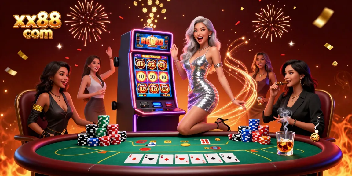 Celebrate wins at xx88 com with dynamic casino imagery showcasing exciting jackpots and poker elements.