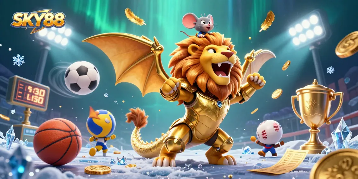 Experience the excitement of SKY88 with a thrilling 3D casino illustration packed with dynamic sports elements.
