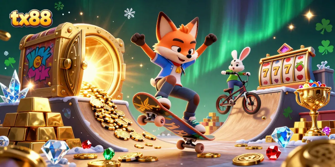 Experience thrilling action with tx88 as a skateboarder fox performs tricks amidst sparkling casino treasures.