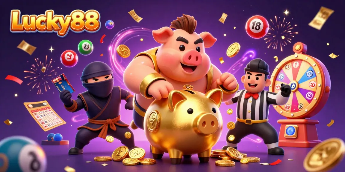 Engage with Lucky88's vibrant gambling scene with a golden piggy bank sumo wrestler, jackpot elements, and festive confetti.