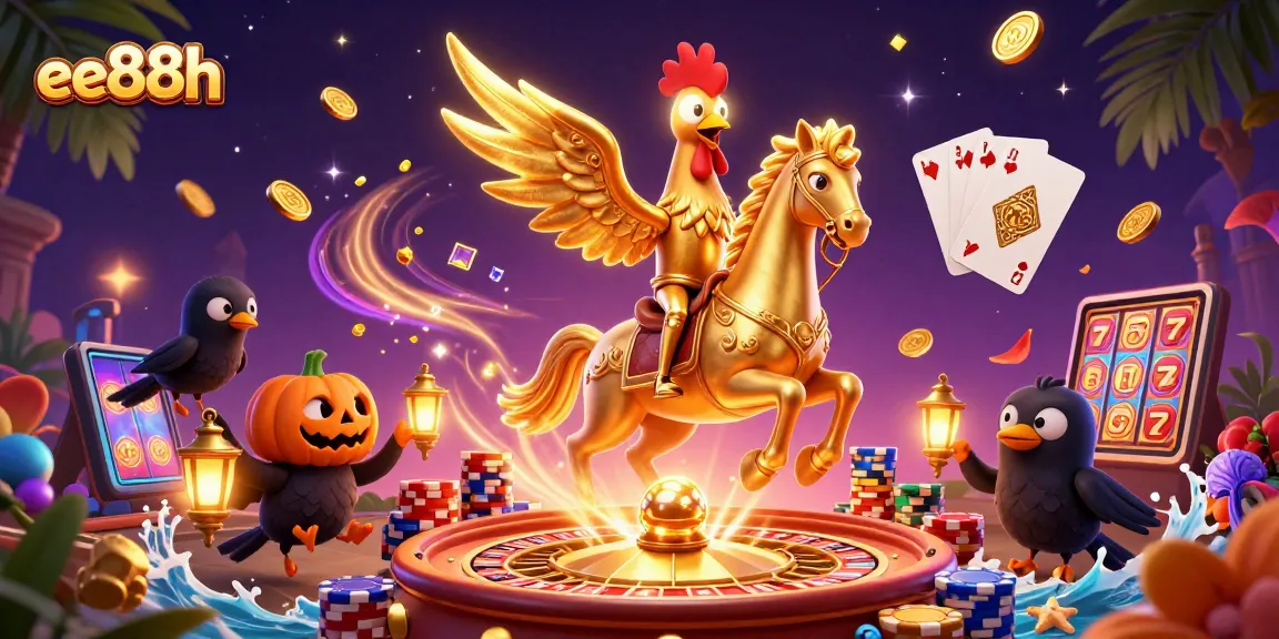 Experience the thrill of ee88h with golden roosters in a vibrant casino scene.