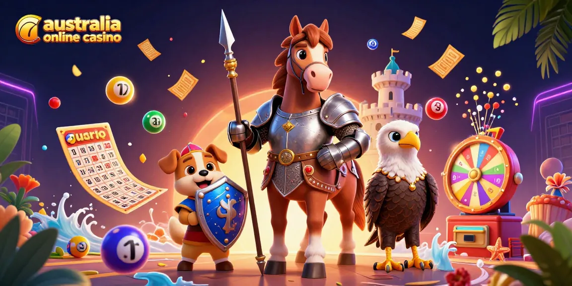Illustration depicting a vibrant scene with a medieval knight horse, squire puppy, and falcon, emphasizing Australia online casino.