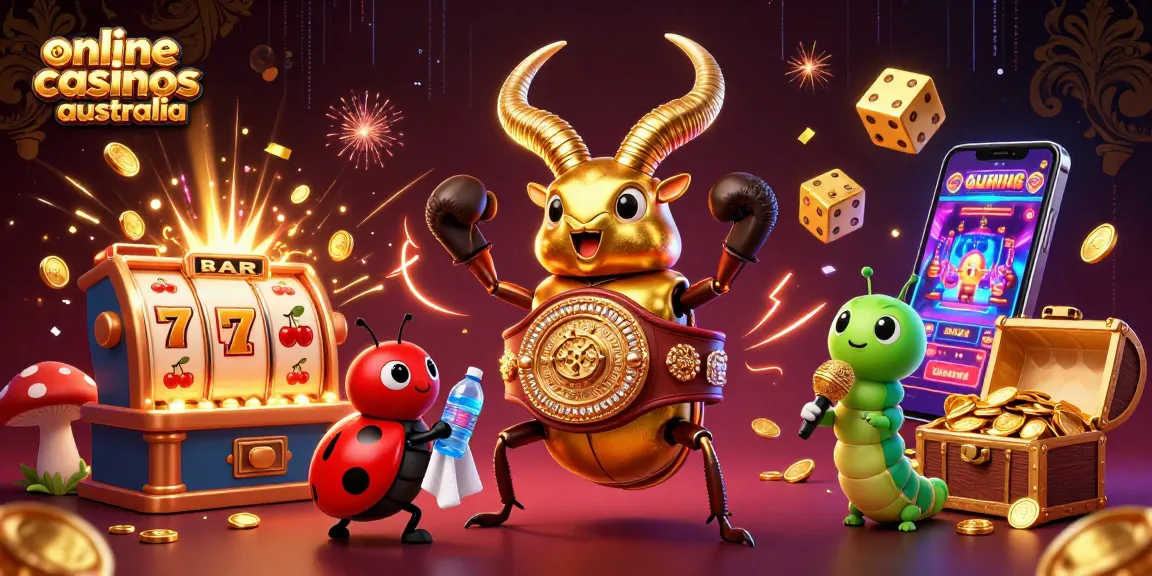 Engage with online casinos Australia in a vibrant scene featuring a golden stag beetle champion.