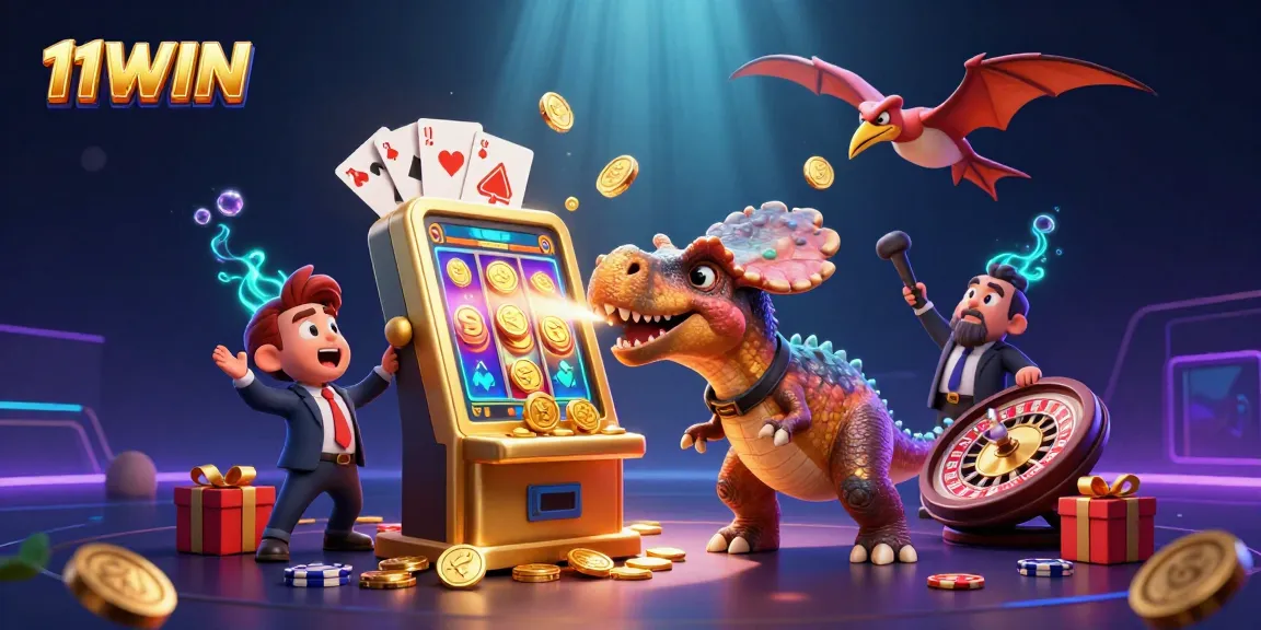 11WIN slots come alive as a cartoon dinosaur wins jackpot coins from a golden slot machine.