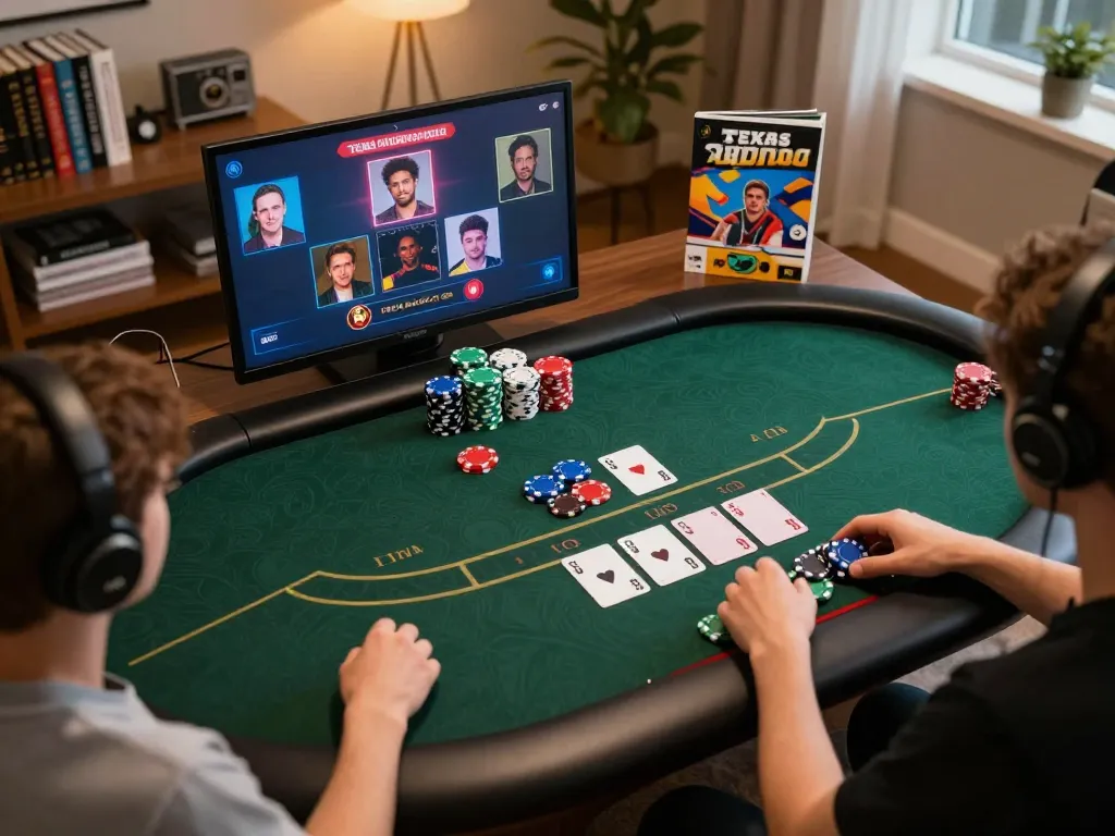 Engaging online poker game showcasing f168 strategy with colorful chips and digital interface in a cozy home setting.