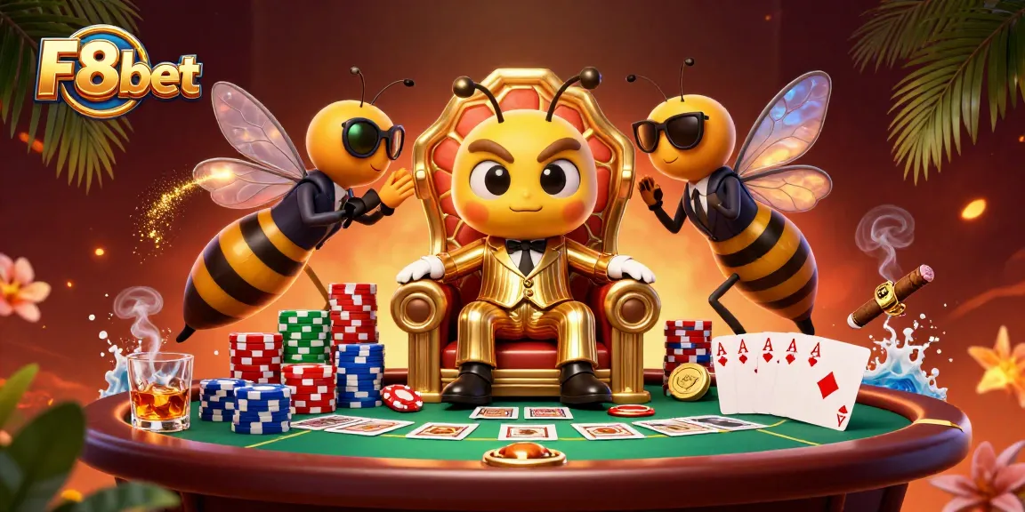 Engage with F8bet while playing poker with a buzzing bumblebee mob boss and vibrant casino elements.