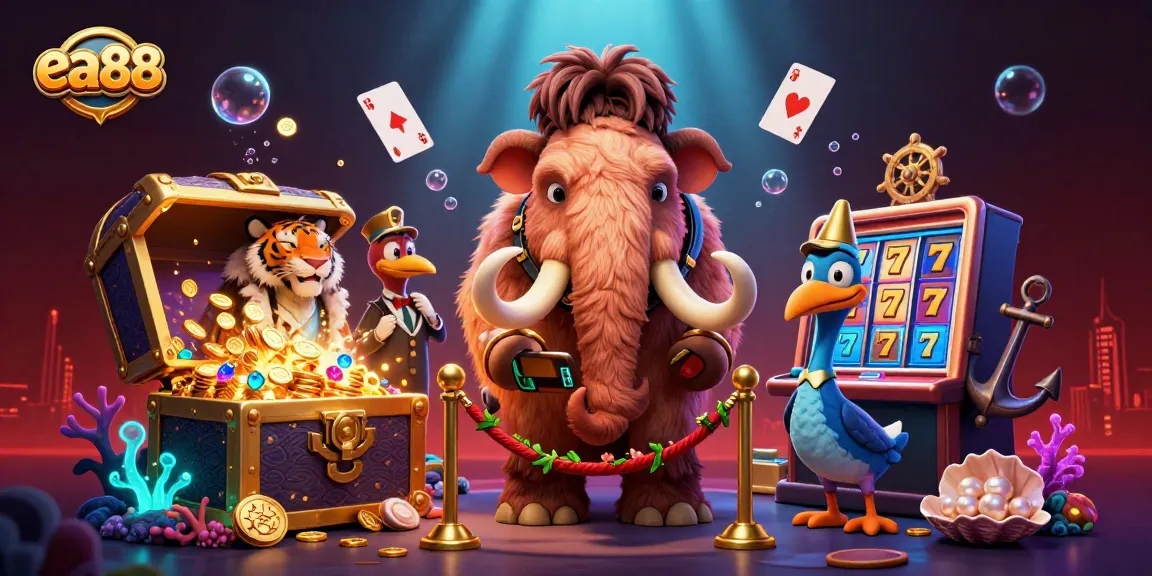 Experience thrilling gaming action at ea88 with a vibrant 3D casino scene featuring interactive characters and slot elements.