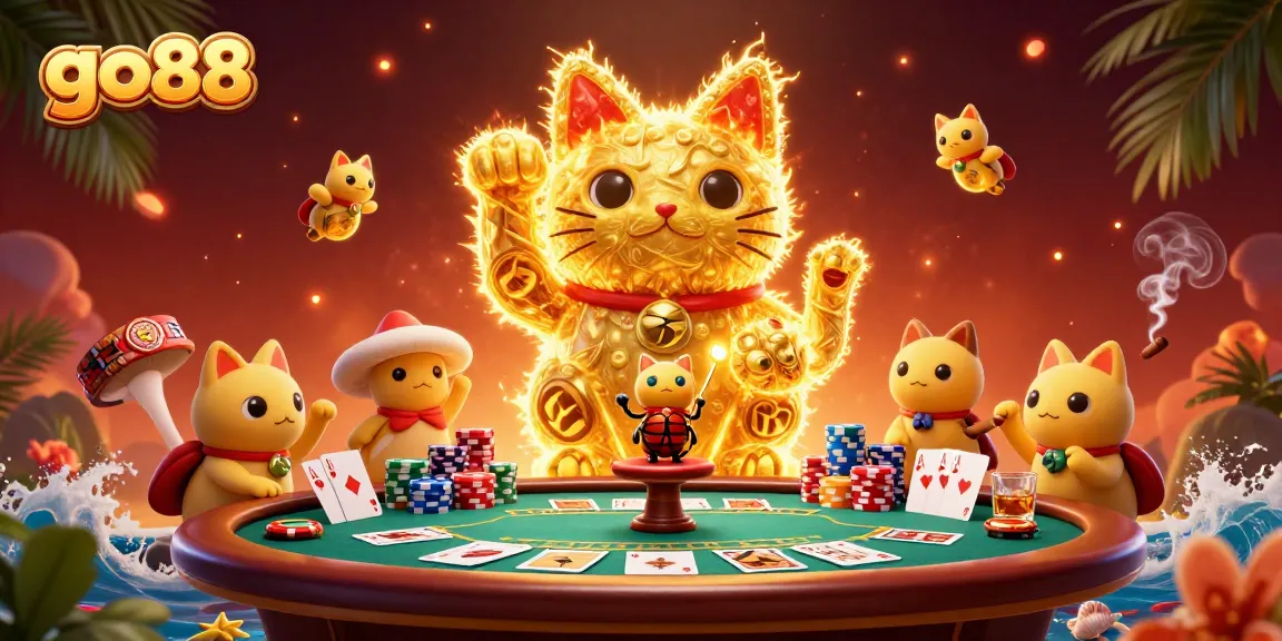 Engage in thrilling go88 gaming with vibrant illustrations of a golden lucky cat and poker elements.