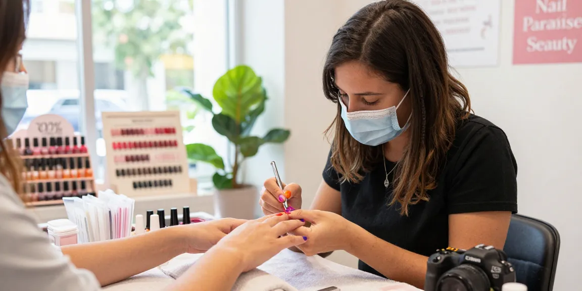 Paradise Nail Beauty manicure session showcasing vibrant colors and hygienic practices in a welcoming salon atmosphere.