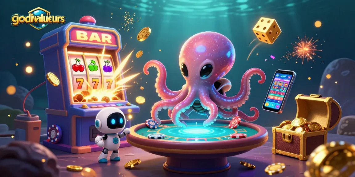 Experience thrilling gameplay with godivaliqueurs as an octopus deals at a holographic poker table amidst a vibrant casino scene.