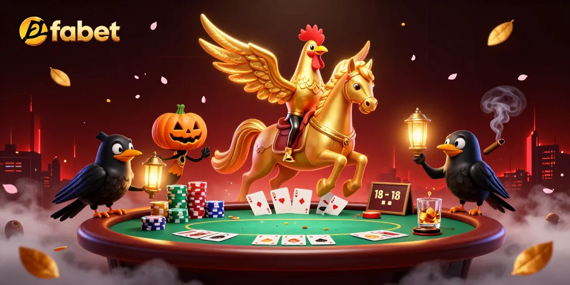 Experience vibrant fabet casino action with golden rooster and friends amidst poker chaos.
