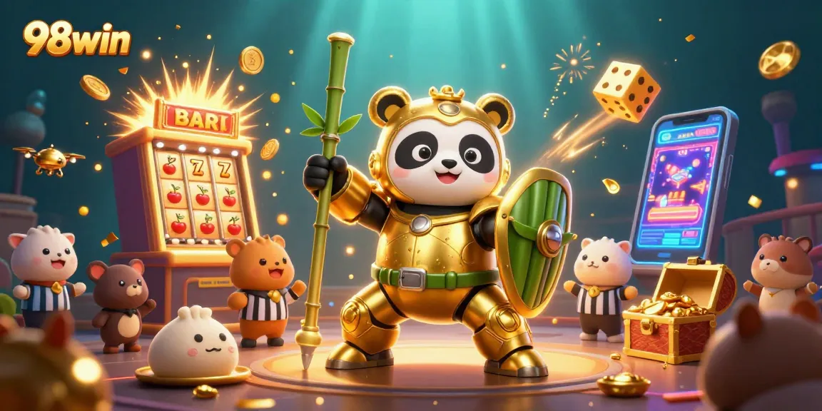 Experience the excitement of 98win with a dynamic slot machine explosion and a playful panda robot in action.