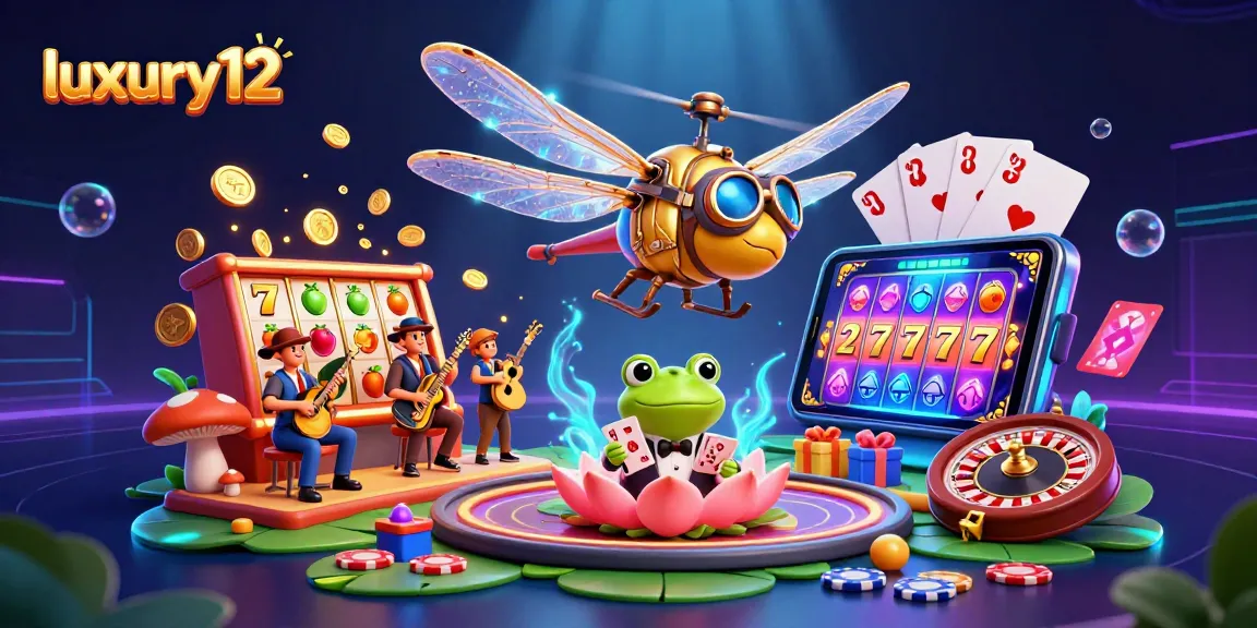 Experience excitement with luxury12 as a dragonfly pilot hovers near vibrant slot games and a frog croupier.