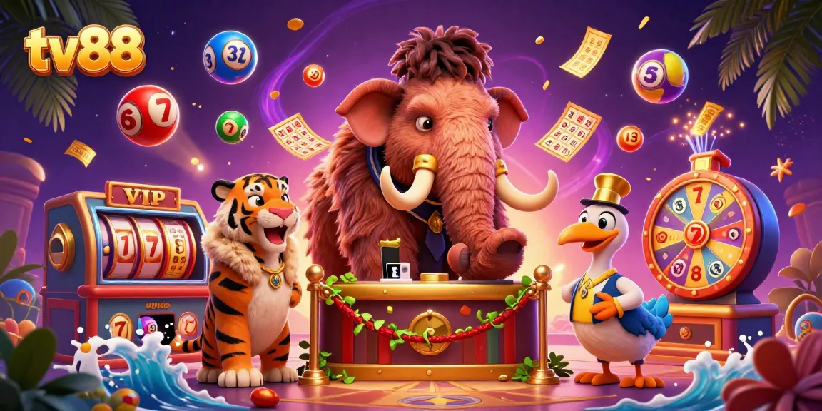 Experience the thrill of gaming at tv88 with a vibrant casino scene featuring a woolly mammoth bouncer and dynamic lottery elements.