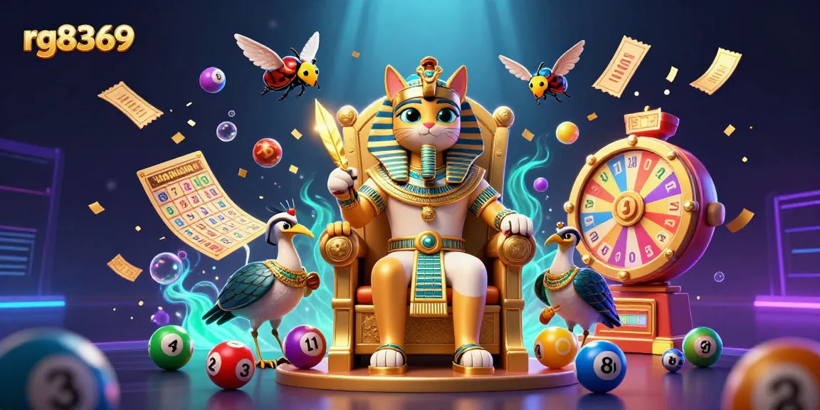 Engage with rg8369 in a vibrant lottery scene featuring a pharaoh cat and dynamic prize elements.