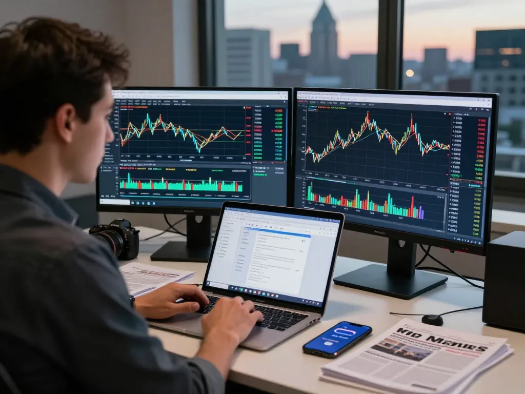 Trader engaged with Vida Markets CFD Trading Platforms using dual monitors and advanced charts.
