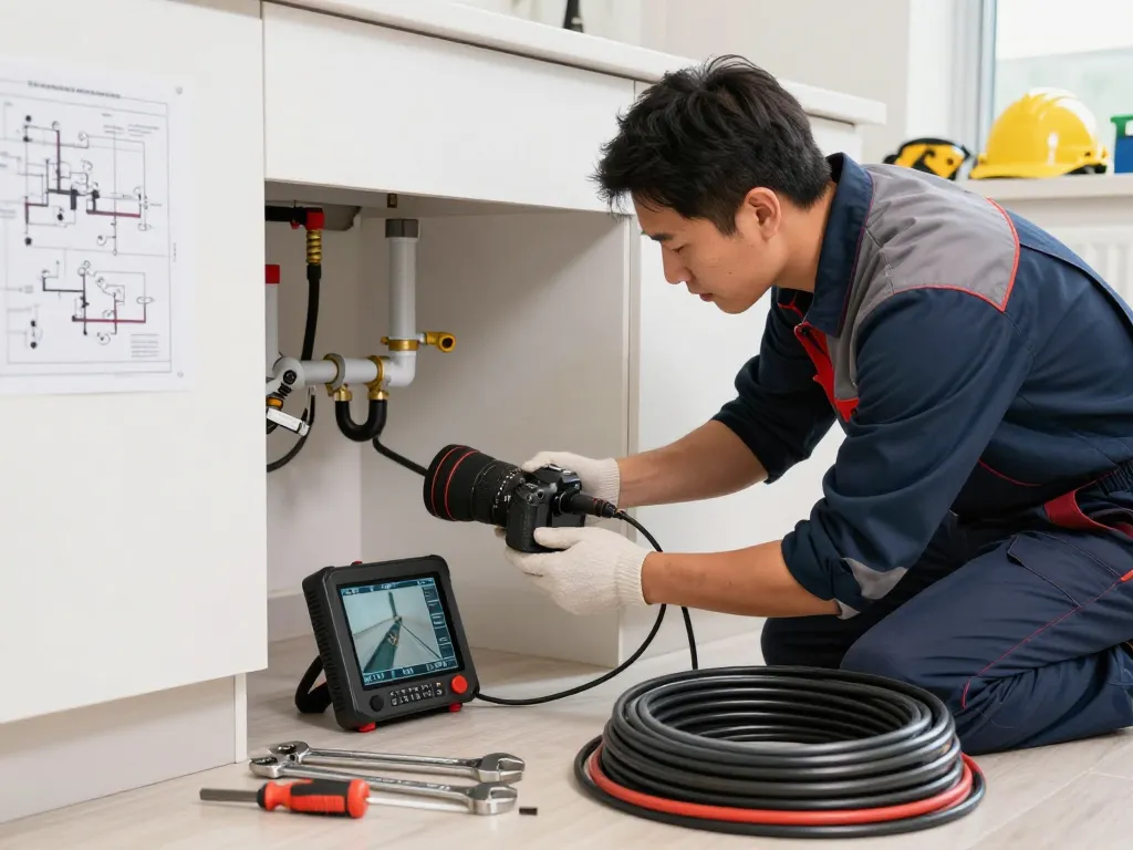 Sewer camera inspection in progress by a professional plumber in a residential setting, showcasing advanced diagnostic techniques.