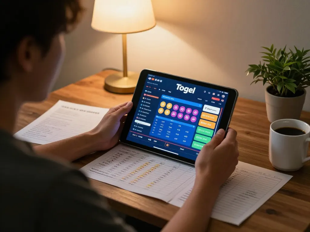 Player engaging with Togel game on tablet in cozy home setup, emphasizing winwin gaming experience.