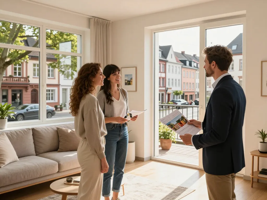 Immobilienmakler Frankfurt Dornbusch zeigt eine schöne Wohnung und lädt potenzielle Käufer in eine lebendige Nachbarschaftsszene ein.