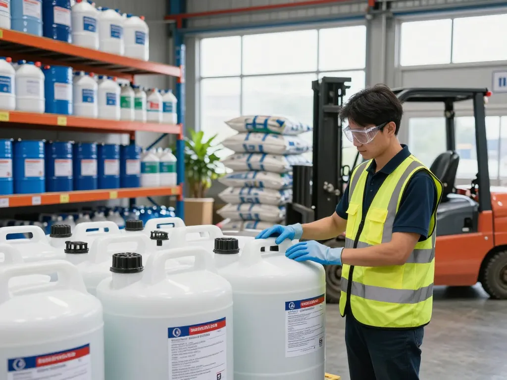 Chemical supplier inspecting labeled containers in a bright industrial warehouse.