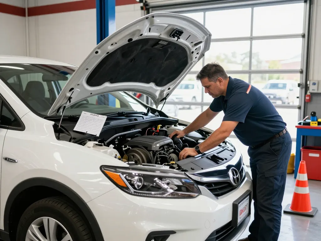 Lyft inspection near me with a mechanic inspecting a vehicle in a well-lit garage, ensuring safety and compliance.