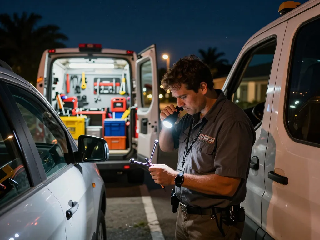 Mobile locksmith Stuart working on a car door lock at night with professional tools.