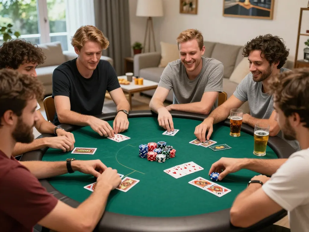 LIGA2000 themed poker night with friends showcasing vibrant betting chips and excited players.
