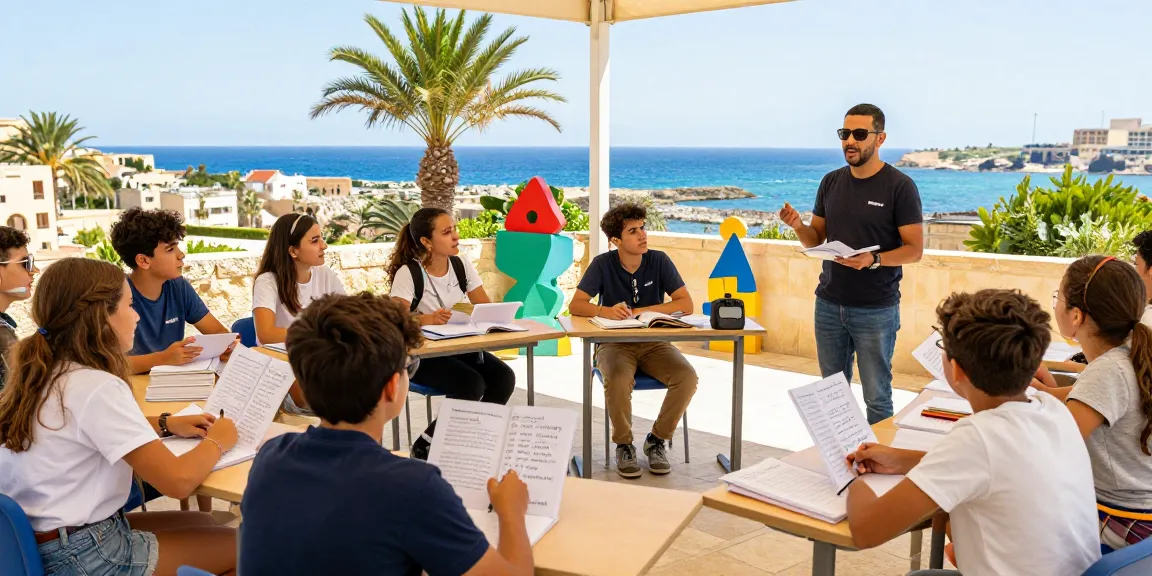 Cursos de inglés atractivos en Malta, clase al aire libre con estudiantes inmersos en el aprendizaje.