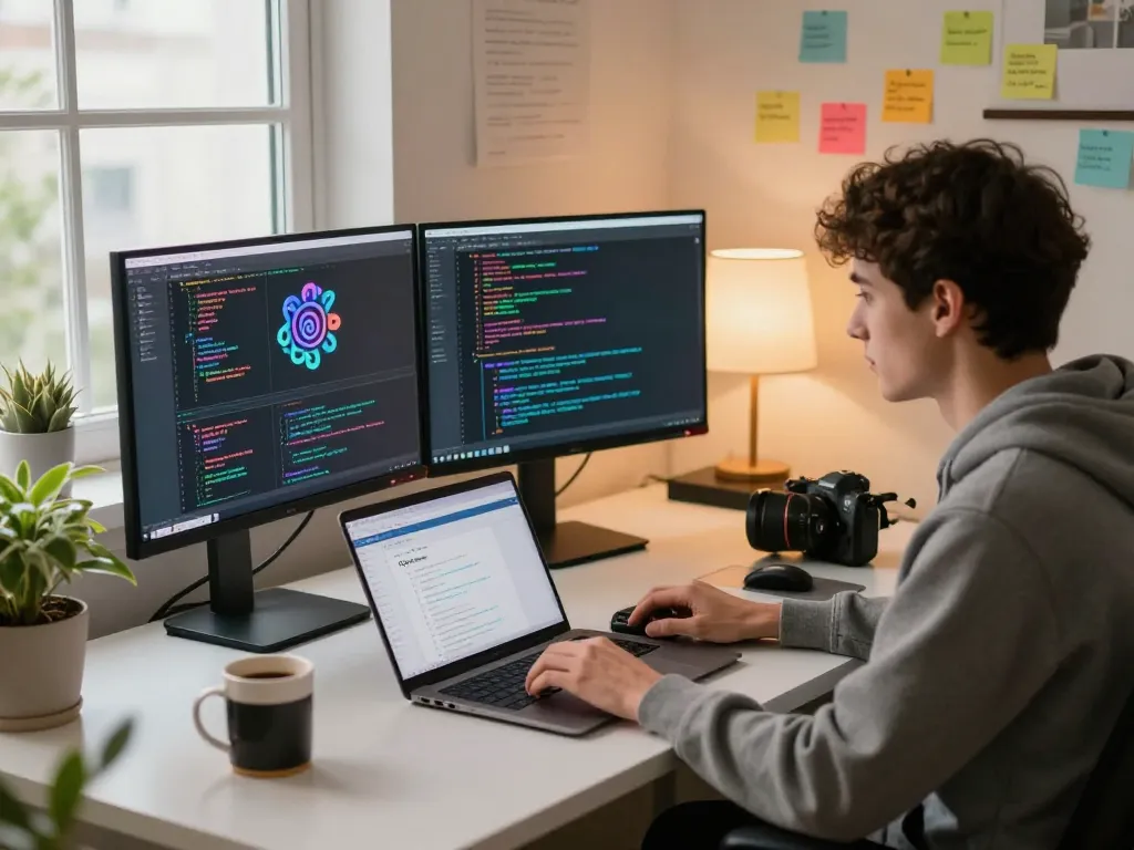 Dynamic home workspace with OpenClaw AI coding on dual monitors, warm natural light.