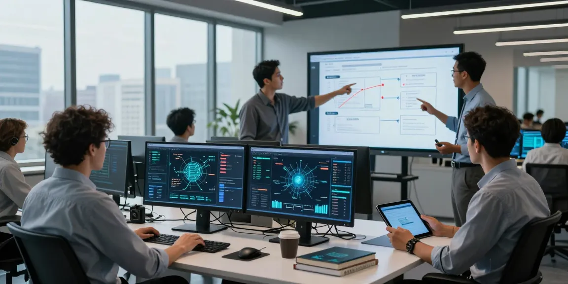 Cybersecurity team analyzing data to ensure safety at https://shs-dome5.com/ in a modern office setting.