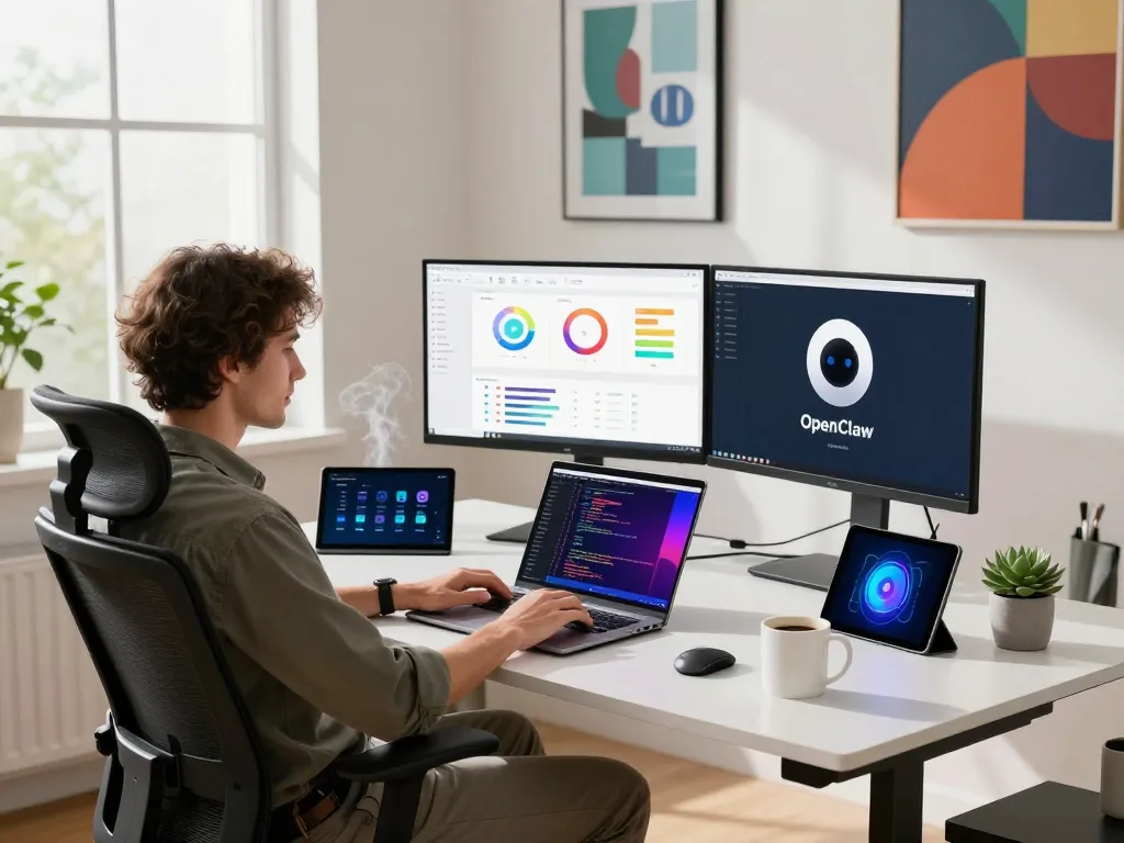 Developer engaging with OpenClaw's AI assistant in a modern workspace, showcasing technology integration.