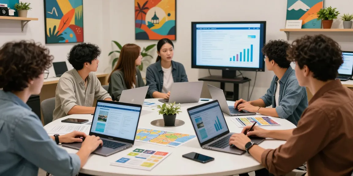 Agents use travel agency software to collaborate on client itineraries and proposals in a vibrant workspace.