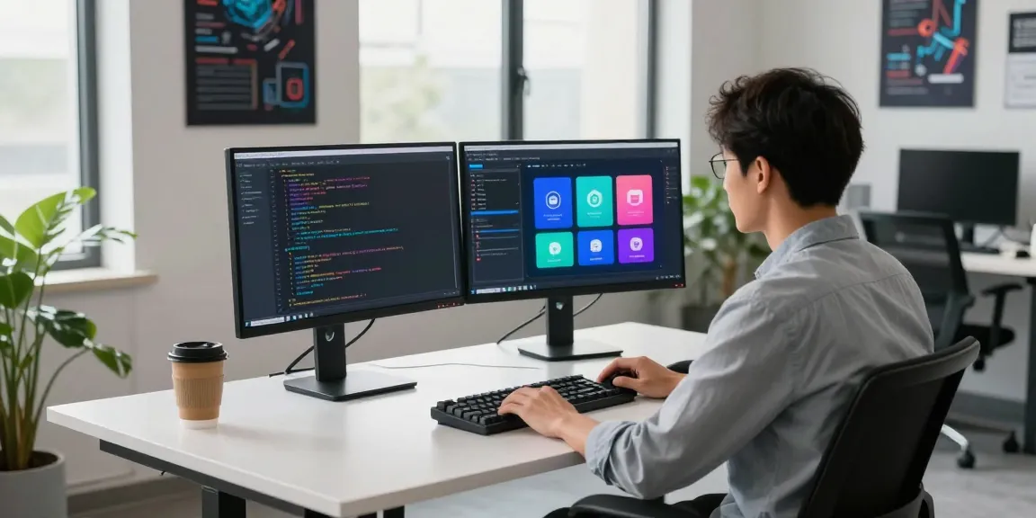 快连 network solutions showcased in a modern tech workspace with coding displays and an organized environment.
