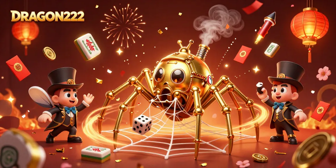 Engage with the winning dynamics of DRAGON222, showcasing a steampunk spider and fly in a vibrant casino web.