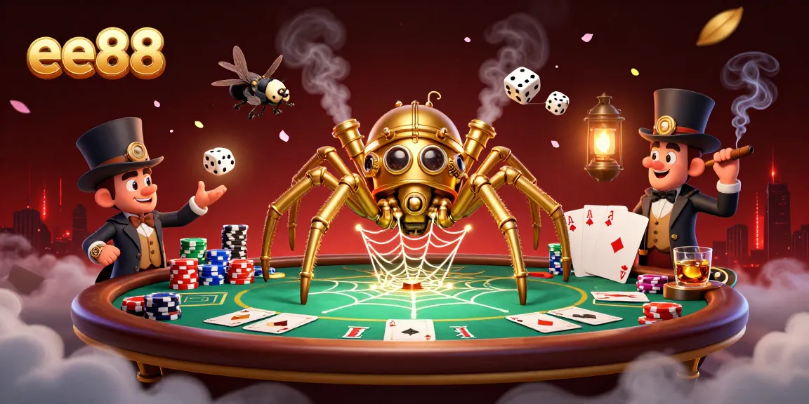 Engage in thrilling stakes with ee88, illustrated with a vibrant poker table, golden spider, and dynamic elements.