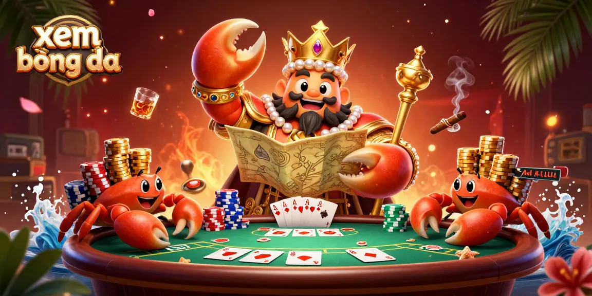 Xem bóng đá with a majestic crab emperor holding treasures and surrounded by poker elements in an energetic casino scene.