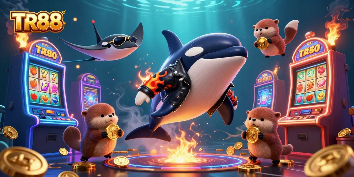 Experience TR88 excitement with a cartoon orca and friends surrounded by casino slot machines and glowing coins.