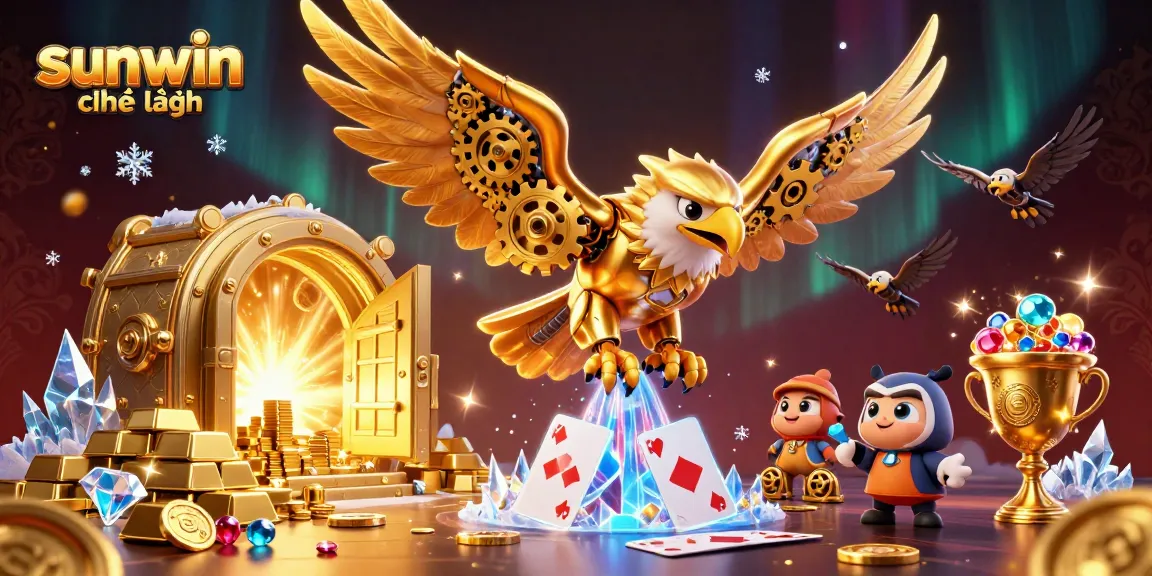 Dive into the excitement with sunwin chính hãng as a golden eagle soars through a gaming treasure cascade.
