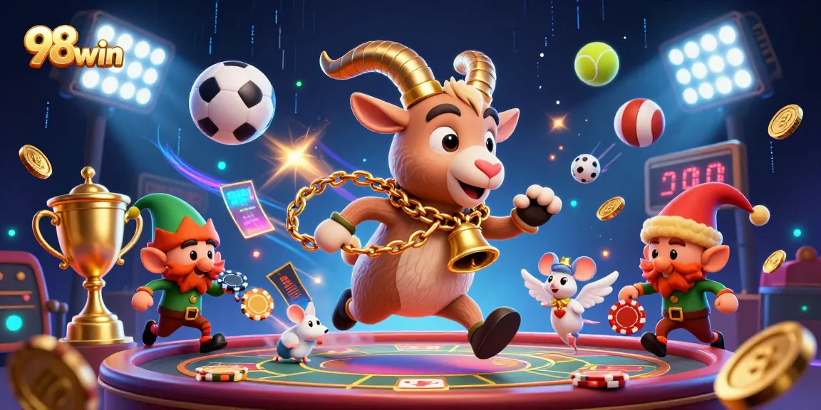 Bet on 98win with thrilling characters and vibrant casino elements in an ultra-detailed scene.