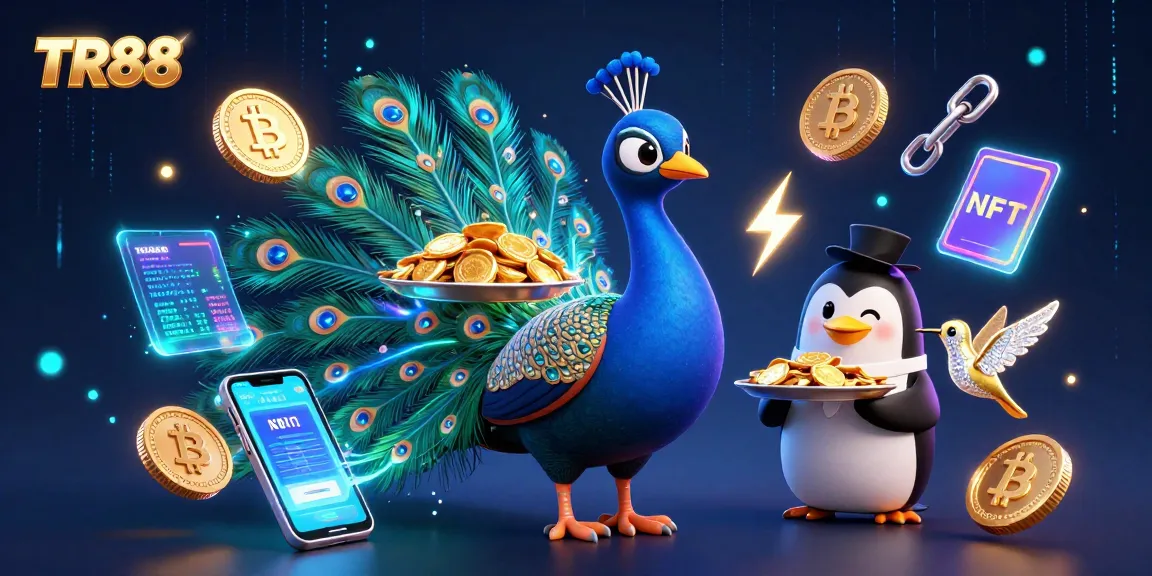 Experience exciting wins at TR88 casino with a stunning peacock and penguin serving golden chips.