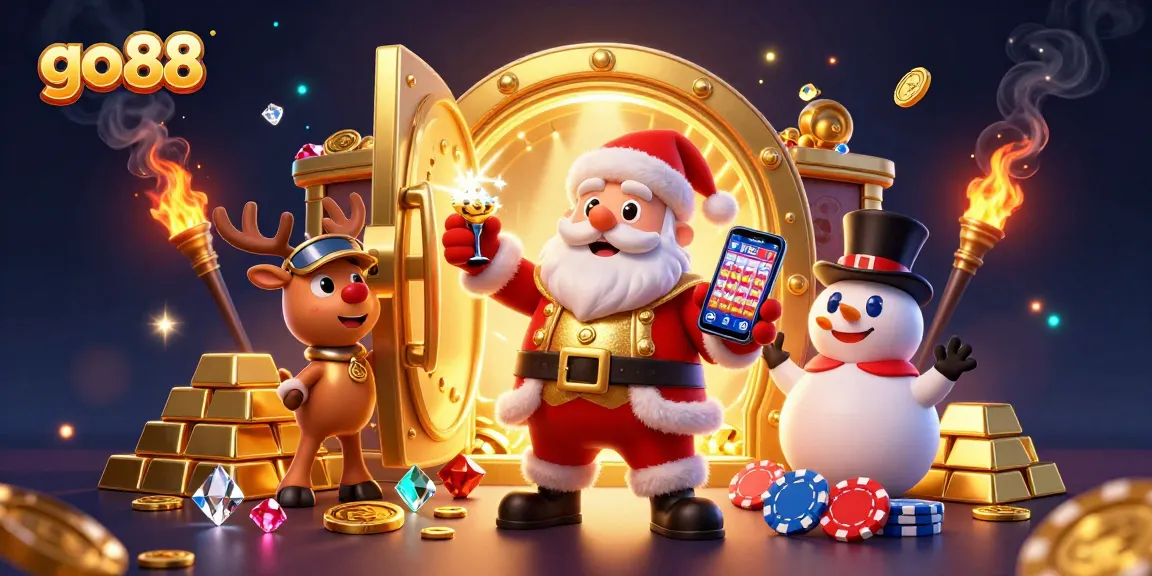 Join the excitement at go 88 slots with Santa and friends celebrating jackpot wins in a festive casino setting.