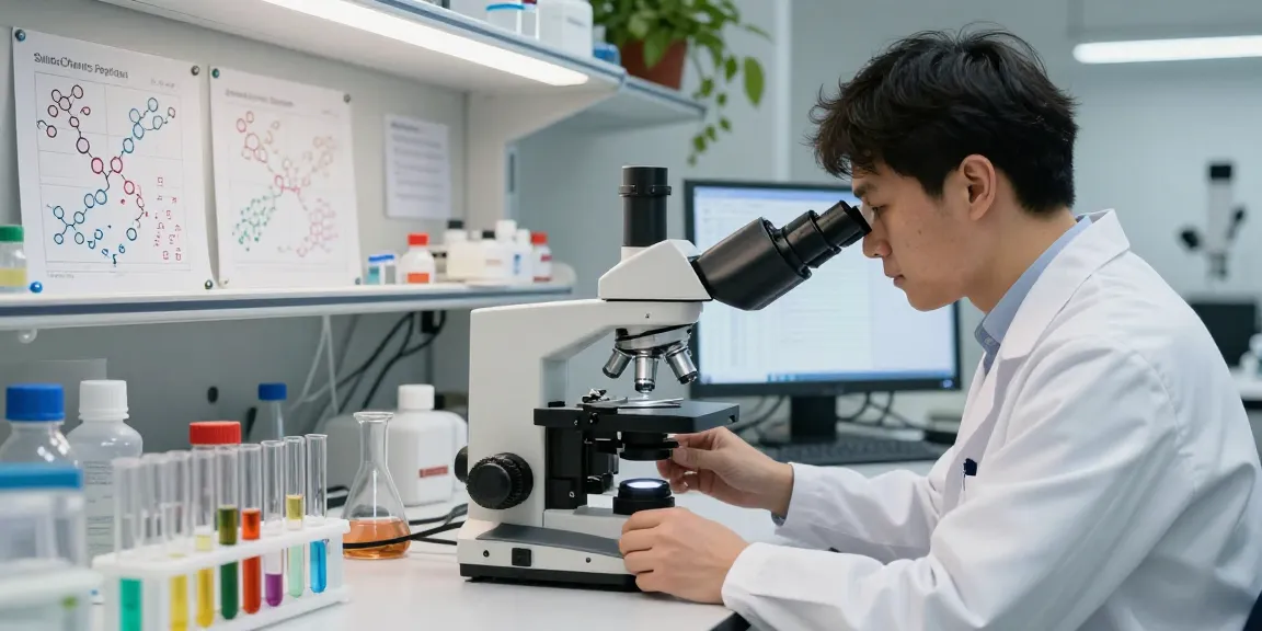 Researcher studying SwissChems Peptides in a modern lab with test tubes and data charts.
