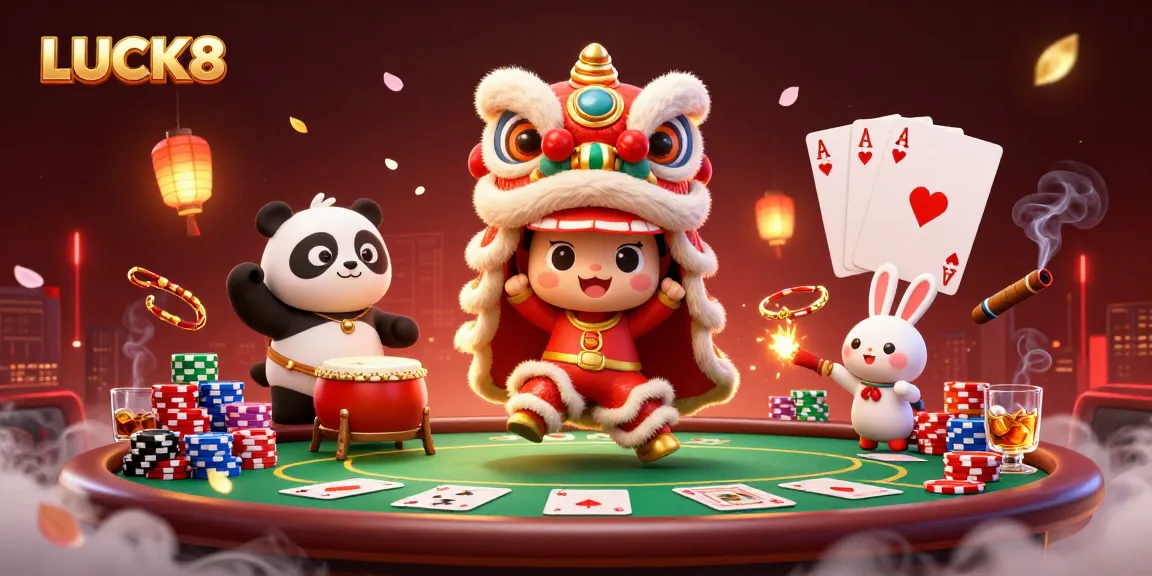 Engage in exciting games at LUCK8 with vibrant casino elements and rich character illustration