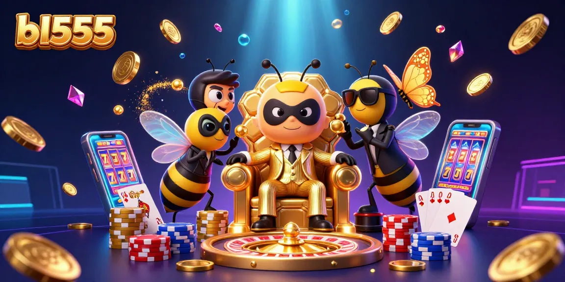Engage in thrilling gameplay at bl555 with spinning roulette, cascading gold coins, and vibrant poker elements.